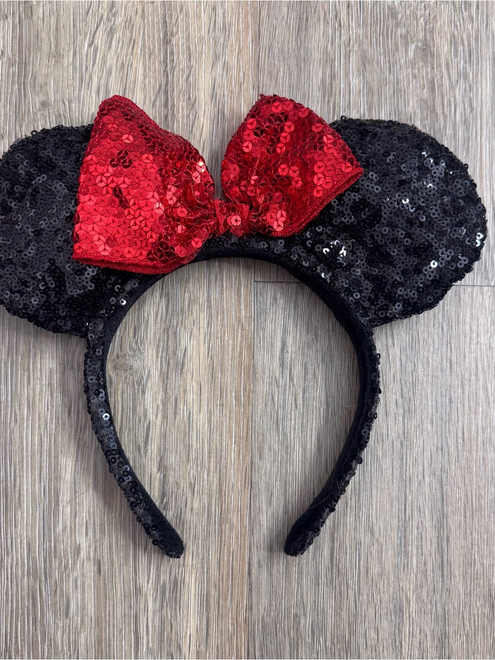 Disney Black Sequin Minnie Ear Headband with Red Bow